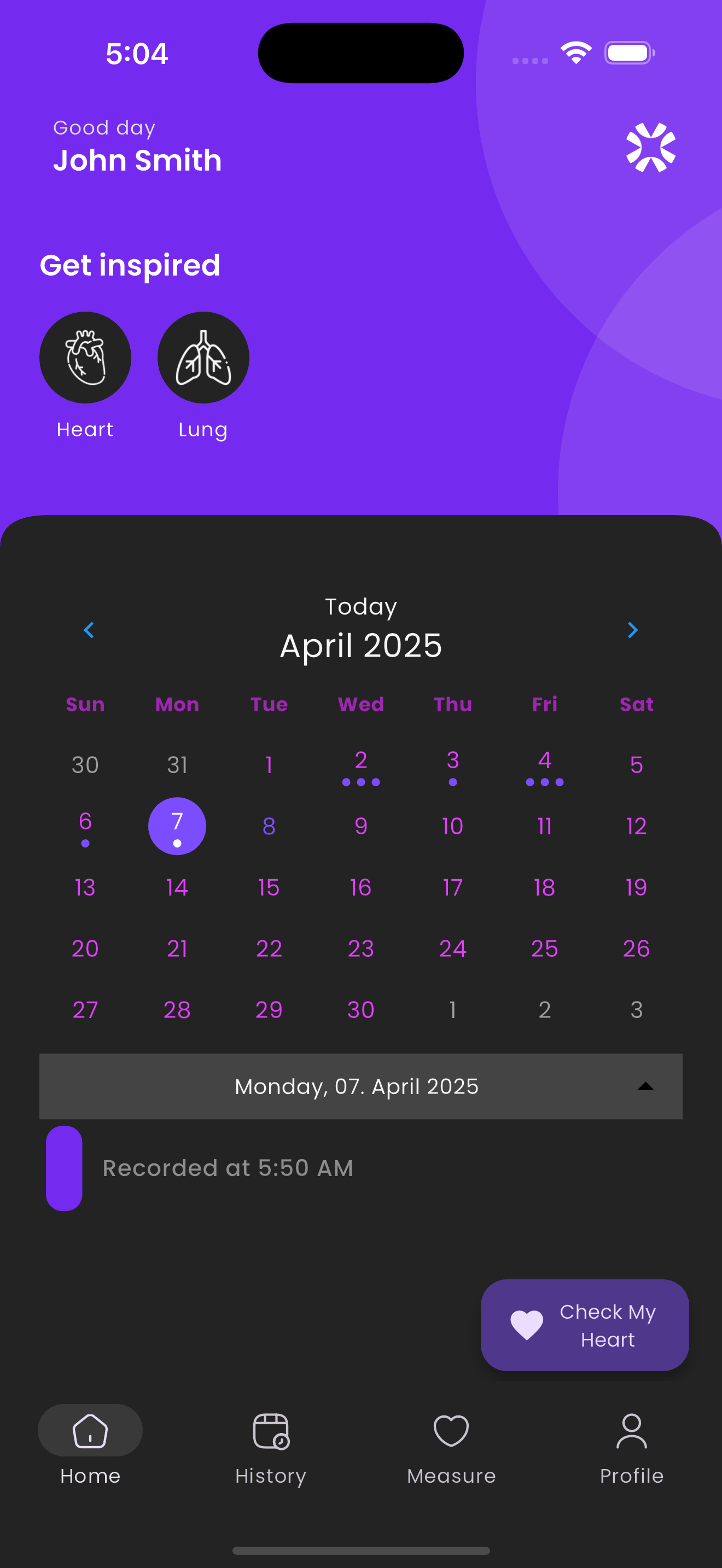 BeatAware app home screen showing heart and lung monitoring options