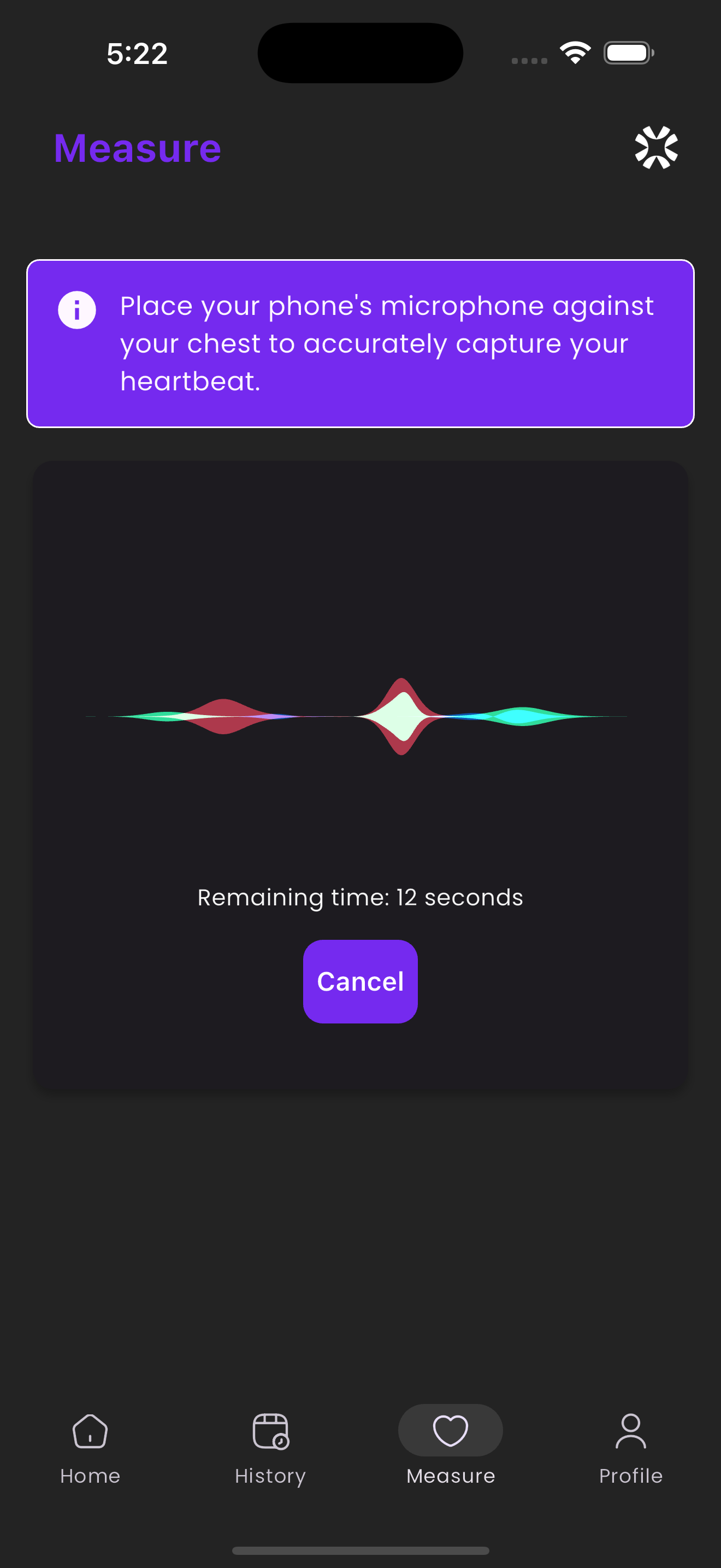 BeatAware app measurement screen showing sound wave visualization